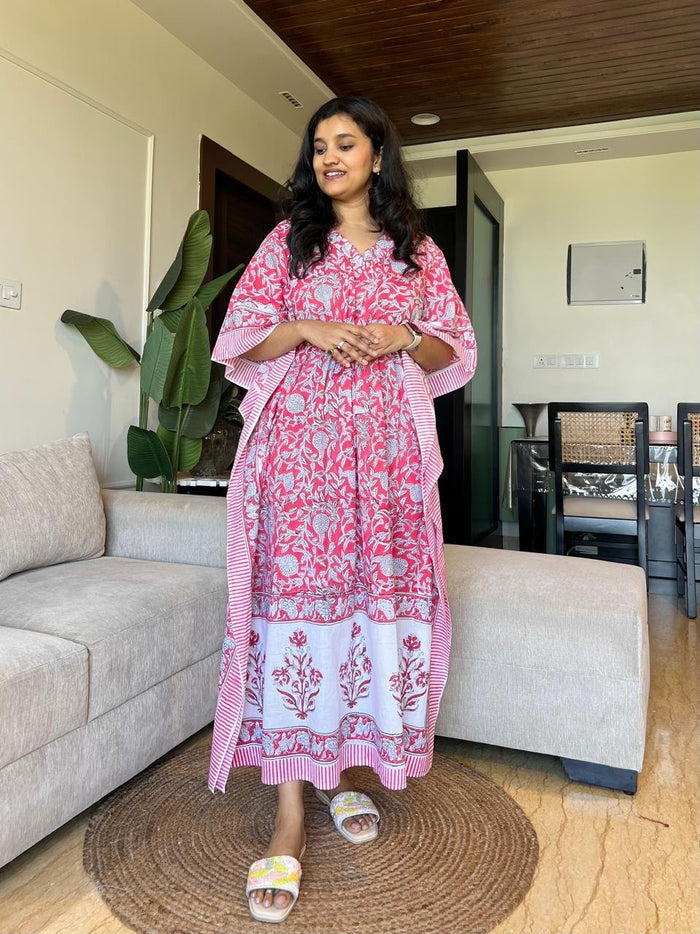 Zura Block Print Kaftan- Pink Jaal