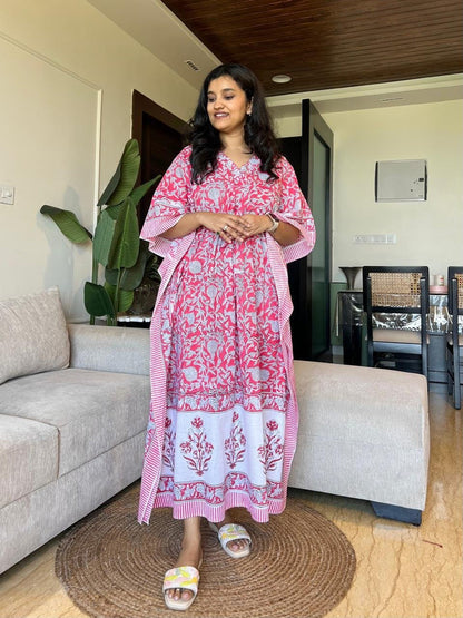 Zura Block Print Kaftan- Pink Jaal