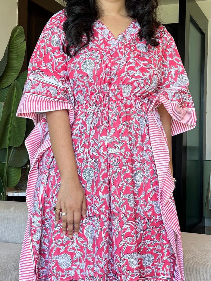 Zura Block Print Kaftan- Pink Jaal