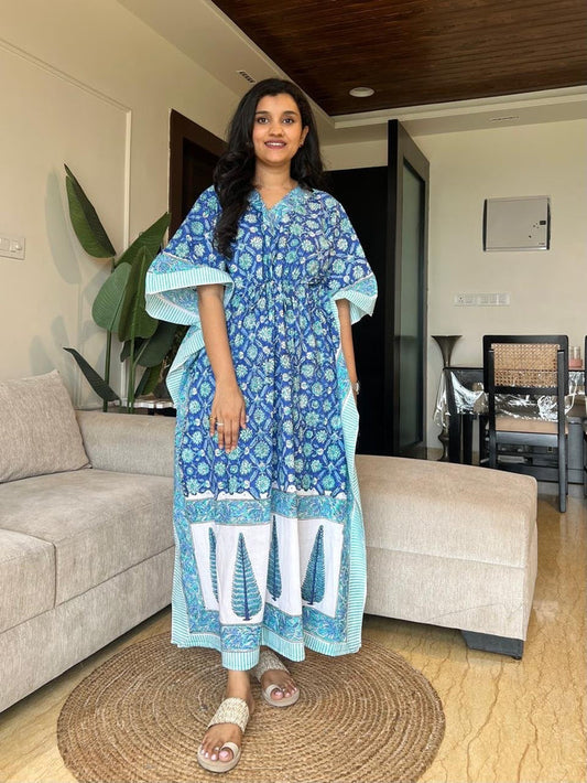 Zura Block Print Kaftan- Sky Bootas