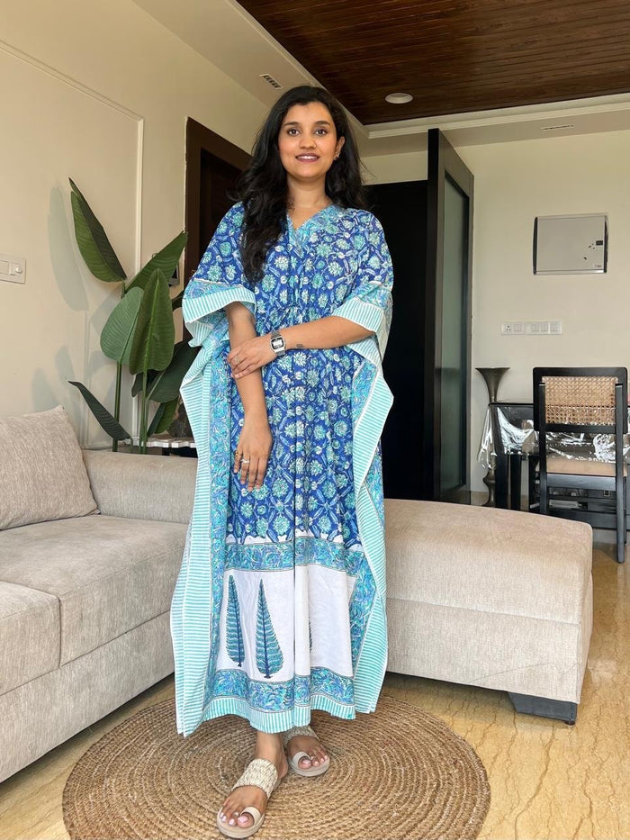 Zura Block Print Kaftan- Sky Bootas