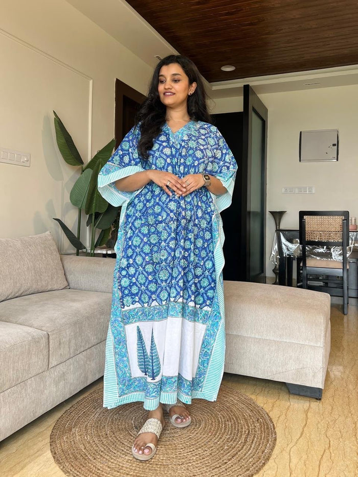 Zura Block Print Kaftan- Sky Bootas
