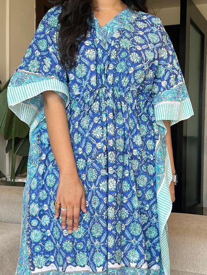 Zura Block Print Kaftan- Sky Bootas